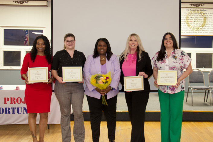 Class Graduation Photo Left to Right: Iris Zebulun; Morgan Robinson; Warline Bryant Course Facilitator; Kelly Foster; Melissa Frasqueri Santiago