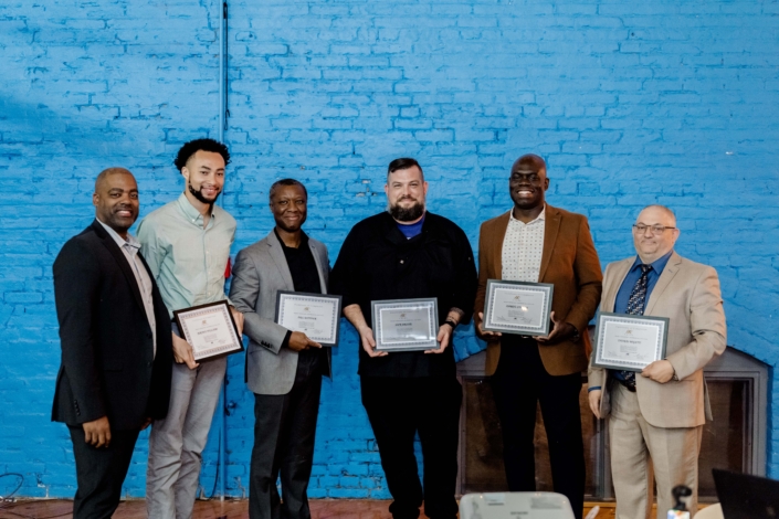 Graduation Class Left to Right: Anthony Morgan Jr., Course Facilitator, Jeromie Williams, Eric Baffour, Nick Droste, Darryl Collins, Thomas Bogetti